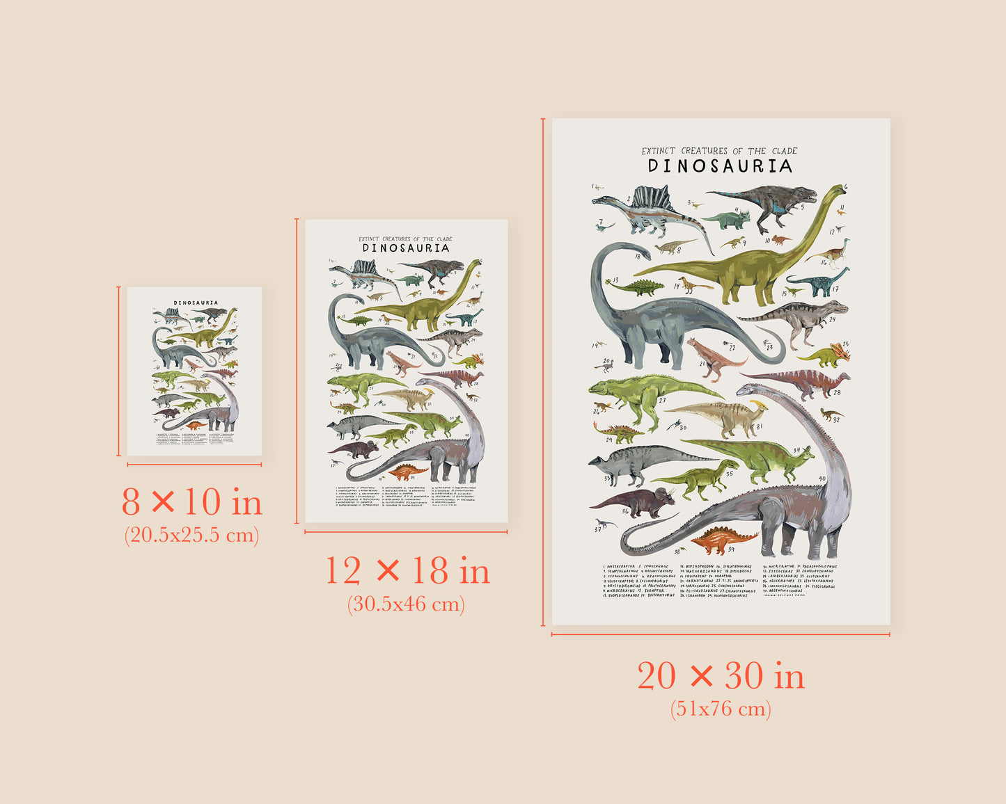 Dinosaur art print- Extinct Creatures of the Clade Dinosauria